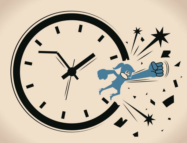 Breaking the time pressure. Businesswoman (woman, girl) breaking through a clock face. Concept about: break the routine ; break the cycle Blue Little Guy Cartoon Characters Full Length Vector art illustration.Copy Space, Manga style. punch clock stock illustrations