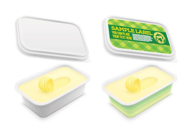 Vector labeled plastic square container with butter within. Packaging template illustration. Vector labeled plastic square container with butter, melted cheese or margarine spread within. Mockup isolated over the white background. Packaging template illustration. margarine stock illustrations