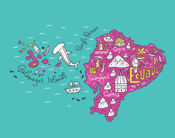 Cartoon Map of Ecuador Cartoon map of Ecuador and Galapagos Islands - hand drawn illustration with all main symbols. Vector art. ecuador stock illustrations