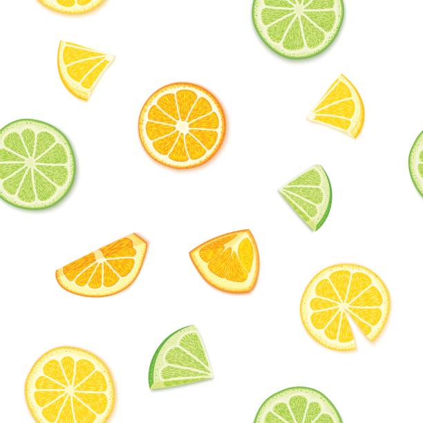 istock Ripe juicy tropical fruits background. Vector illustration. Fresh citrus lime orange lemon fruit peeled, piece of half, slice. Seamless pattern for packaging design healthy food diet juce, detox, tea 823146872