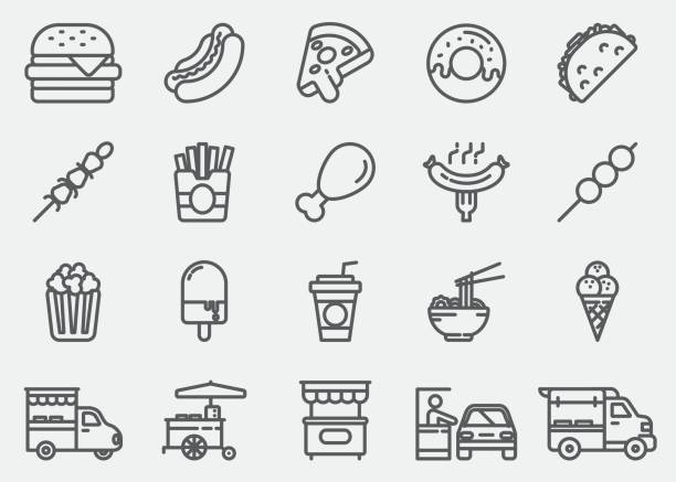 bildbanksillustrationer, clip art samt tecknat material och ikoner med fast food linje ikoner - hotdog