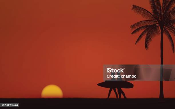 Silhouette Couple Surfer Carrying Surfboard On Beach Under Sunset Sky Background In Flat Icon Design Stock Illustration - Download Image Now