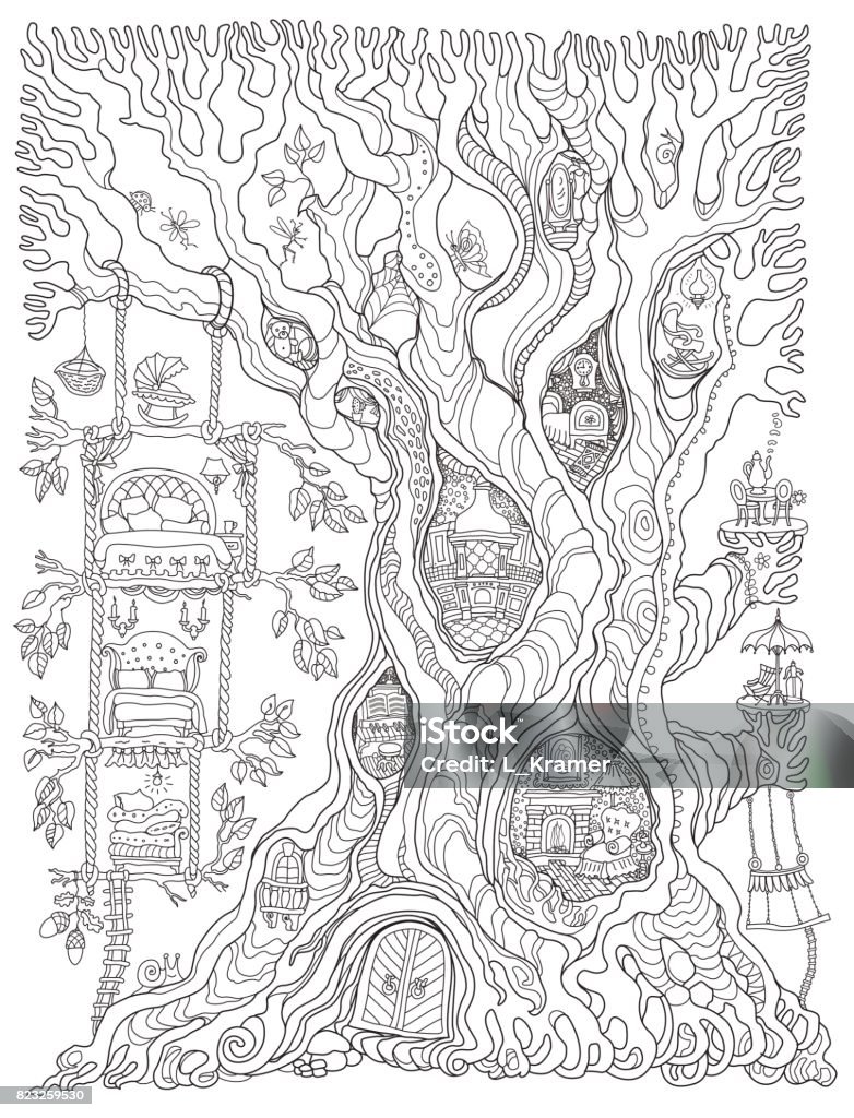 Vector hand drawn fantasy old oak tree with fairy tale house with toy furniture. Black and white sketch . Tee-shirt print. Adults and children Coloring book vertical page. Batik contour drawing Coloring Book Page - Illlustration Technique stock vector