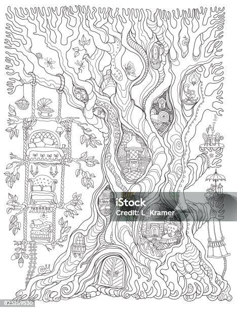 Vector Hand Drawn Fantasy Old Oak Tree With Fairy Tale House With Toy Furniture Black And White Sketch Teeshirt Print Adults And Children Coloring Book Vertical Page Batik Contour Drawing Stock Illustration - Download Image Now