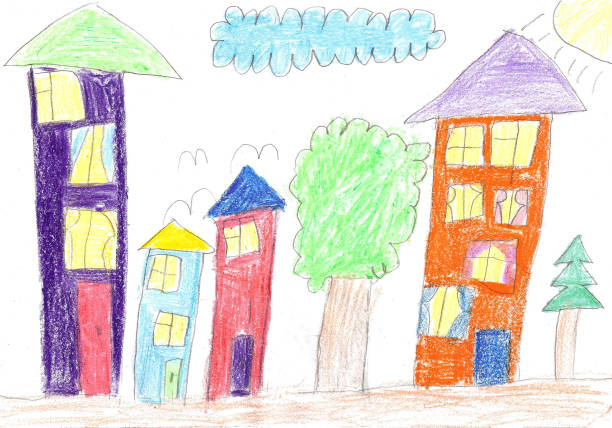 детский рисунок. дом, деревья и скамейка - paintings child house childhood stock illustrations