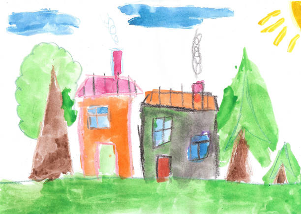 illustrations, cliparts, dessins animés et icônes de dessin de l’enfant. arbres et maison de campagne - child art childs drawing painted image