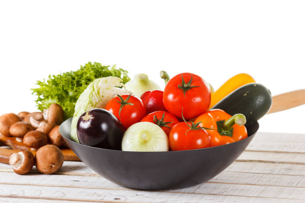 Tomatoes, aubergines, onions, sweet peppers in wok frying pan