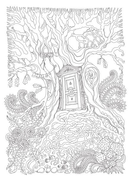 Vector hand drawn fantasy old oak tree with entrance wooden door. Black and white sketch . Tee-shirt print. Adults and children Coloring book page. Batik paint contour, Album cover Vector hand drawn fantasy old oak tree with entrance wooden door. Black and white sketch . Tee-shirt print. Adults and children Coloring book page. Batik paint contour, Album cover old oak tree stock illustrations