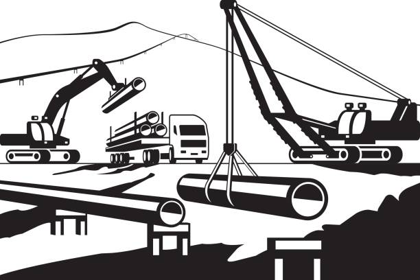 ilustrações, clipart, desenhos animados e ícones de construção de acima de pipeline de chão - overhead wires