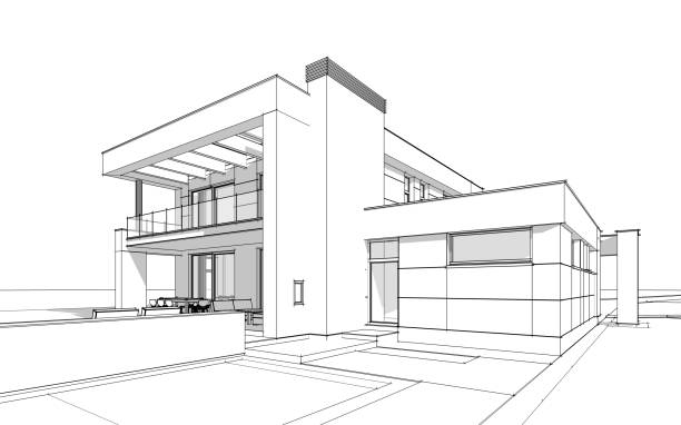 3d rendering  sketch of modern cozy house stock photo