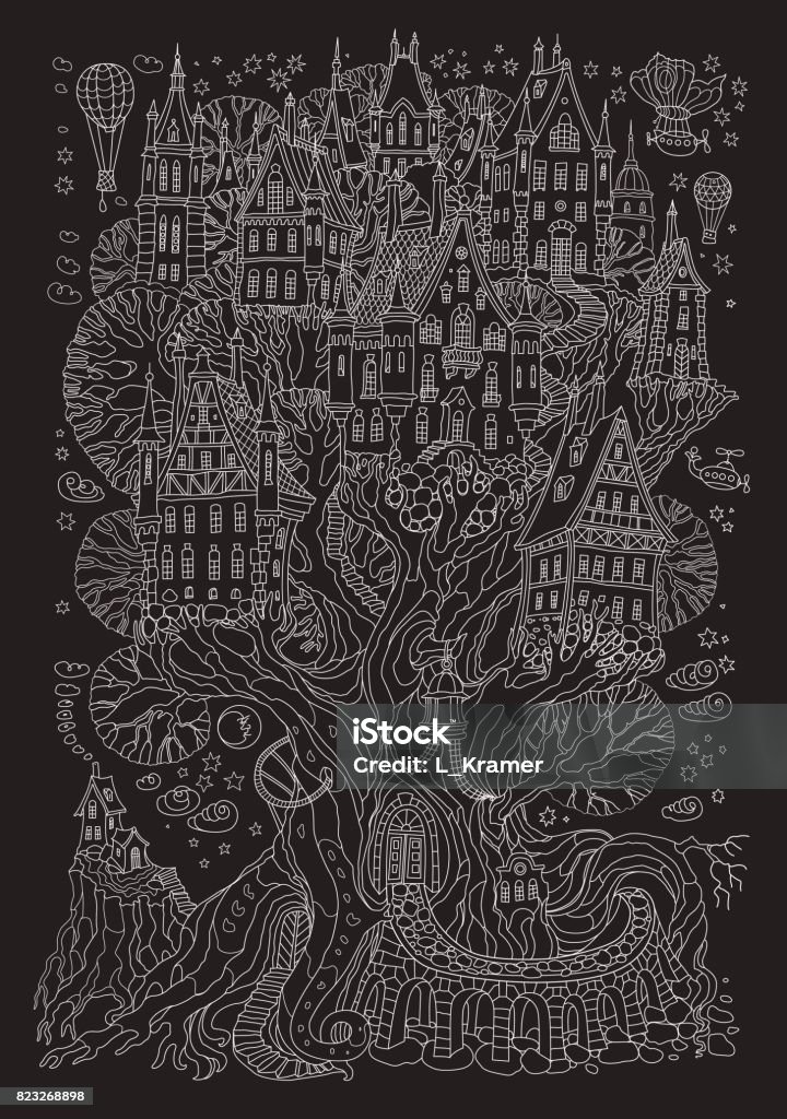 Vector hand drawn fantasy old oak tree with fairy tale house. Light gray doodle sketch. Black and white tee-shirt print background. New Year and Christmas greeting card, party invitation Christmas stock vector