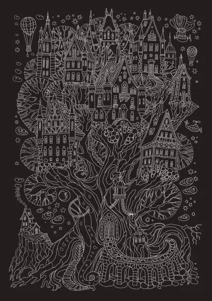 Vector illustration of Vector hand drawn fantasy old oak tree with fairy tale house. Light gray doodle sketch. Black and white tee-shirt print background. New Year and Christmas greeting card, party invitation