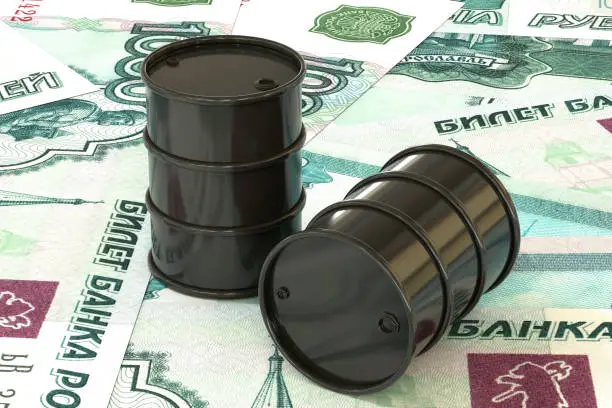 Photo of 3d illustration: Golden barrels of oil lie on the background of ruble, rouble money. Petroleum business, black gold, gasoline production. Purchase sale, auction, stock exchange. Russian government.