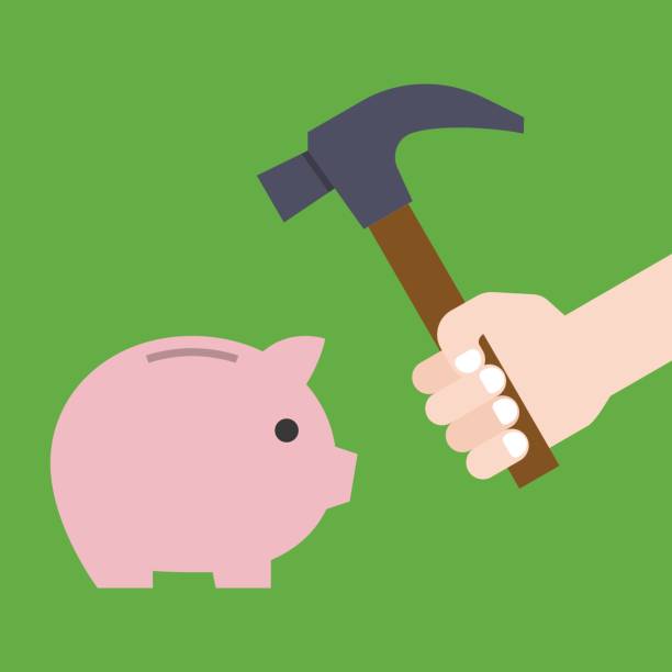 illustrazioni stock, clip art, cartoni animati e icone di tendenza di martello per tenere a mano prepararsi per il salvadanaio crash, vettore di design piatto per il concetto finanziario e di risparmio - piggy bank pig savings breaking