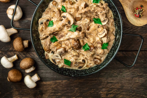 istock Mushroom beef stroganoff in pan with copy space 823272072