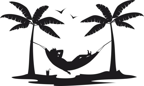 person relaxing lying in hammock on the beach under palm trees silhouette scene person relaxing lying in hammock on the beach under palm trees silhouette scene time silhouettes stock illustrations