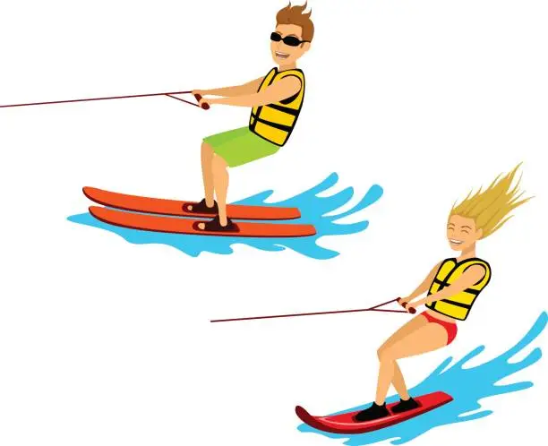 Vector illustration of man and woman riding waterski and wakeboard isolated cartoon vector illustration