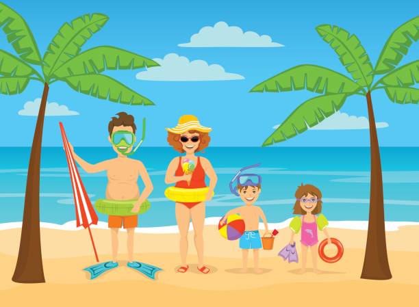 lustige familie am tropischen strand sommerferien - swimming trunks swimwear clothing beach stock-grafiken, -clipart, -cartoons und -symbole