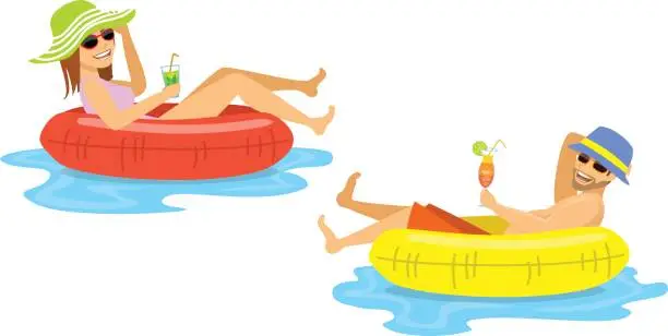 Vector illustration of man and woman floating on inflatable inner rings, mattress, tubes isolated vector illustration