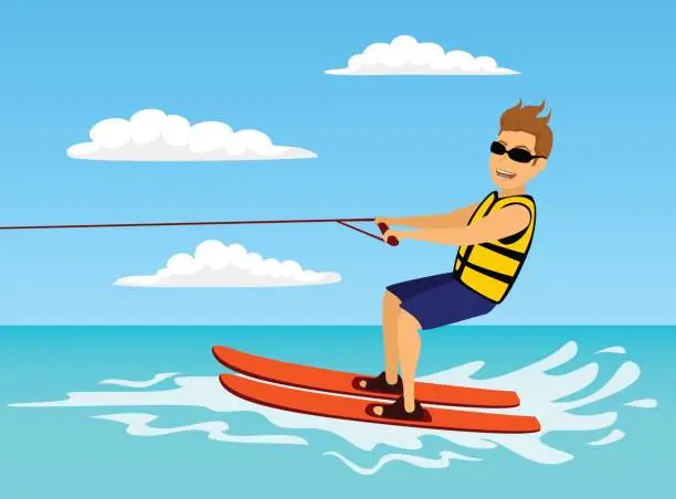 Vector illustration of Man riding waterski. extreme summer water sport fun activity. vacation time