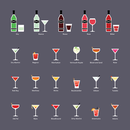 Types of vermouth and cocktails with vermouth, set of flat icons. Vector