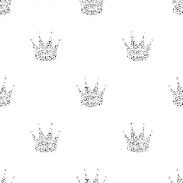 Vector illustration of seamless silver glitter crown pattern on white background