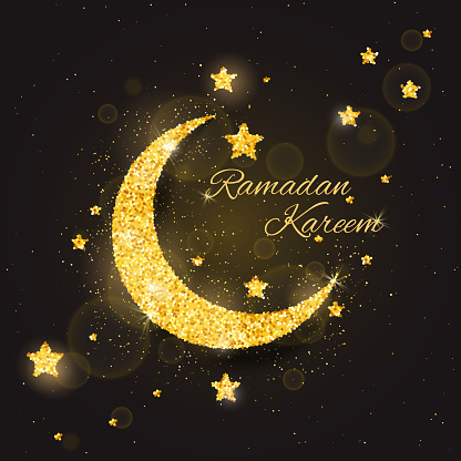 Vector Ramadan Kareem background with sparkling glitter golden textured moon with stars on brown glow background for muslim holy month. Seasonal holidays greeting card template