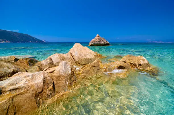 beautiful turquoise water on agia Kyriaki beach in Kefalonia island, Greece