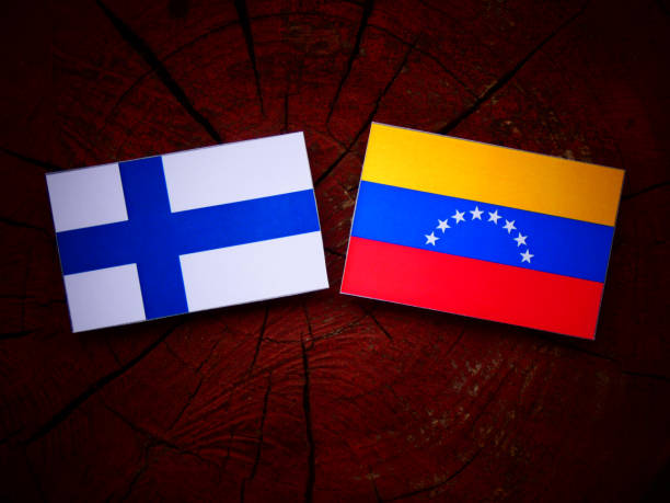 istock Finnish flag with Venezuelan flag on a tree stump isolated 823288466