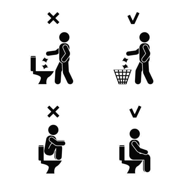 Right and wrong man people position in closet. Posture stick figure. Vector illustration of posing person icon symbol sign pictogram in toilet Right and wrong man people position in closet. Posture stick figure. Vector illustration of posing person icon symbol sign pictogram in toilet squat toilet stock illustrations