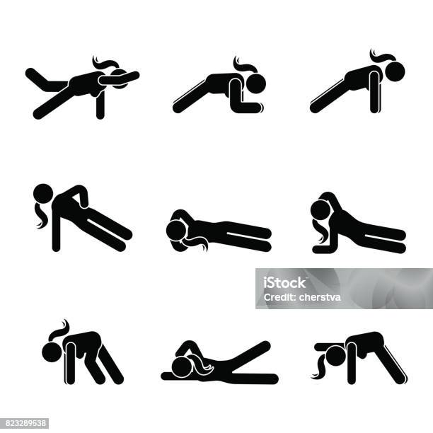 Exercises Body Workout Stretching Woman Stick Figure Healthy Life Style Vector Illustration Pictogram Stock Illustration - Download Image Now