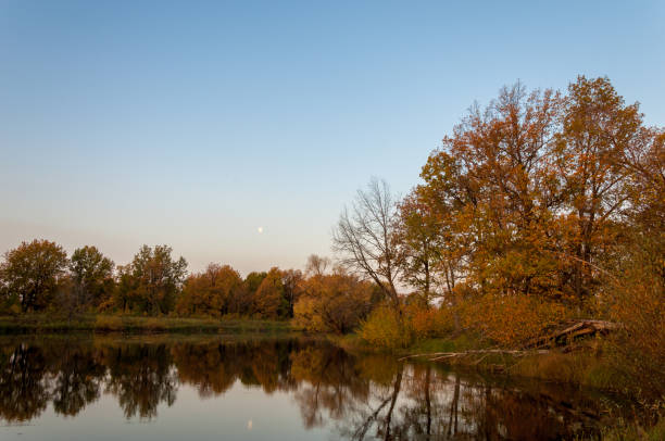 Landscape. Sunset over the lake, fall trees reflected in water.  Water Lake District Sokolki Tatarstan Russia