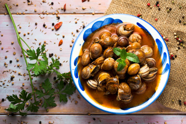 spanish caracoles en salsa, cooked snails in sauce high-angle shot of a ceramic bowl with spanish caracoles en salsa, cooked snails in sauce, on a rustic wooden table snail stock pictures, royalty-free photos & images
