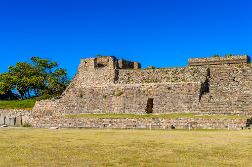 View of Monte Alban, a large pre-Columbian archaeological site, Santa Cruz Xoxocotlan Municipality, Oaxaca State.  UNESCO World Heritage