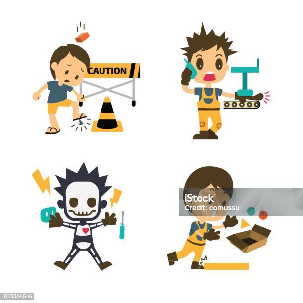 Set Of Construction Worker Accident Working Safety First Health And Safety Vector Illustrator Stock Illustration - Download Image Now