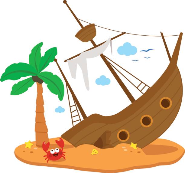 Shipreck on an island. Vector illustration A broken ship on a deserted island with a palm tree and a crab. Vector illustration old ship cartoon stock illustrations