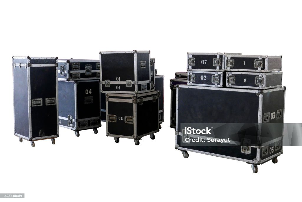 boxes equipment boxes equipment of concert Backstage Stock Photo