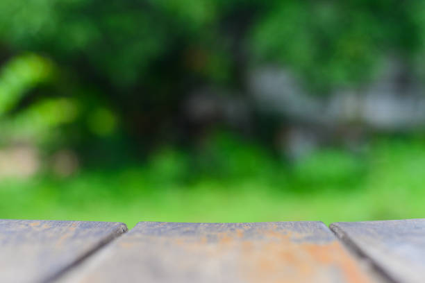istock wood table with free space on green nature background. 823310924