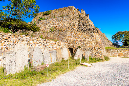 Stelae known as Dancing, Monte Alban, a large pre-Columbian archaeological site, Santa Cruz Xoxocotlan Municipality, Oaxaca State.  UNESCO World Heritage