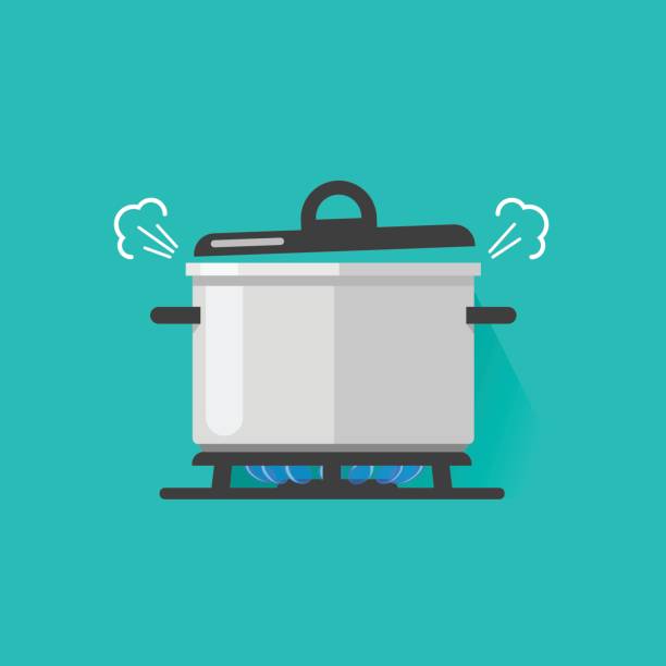 ilustraciones, imágenes clip art, dibujos animados e iconos de stock de pan al vapor en el gas de la estufa fuego cocina algunos hirviendo alimentos vector ilustración dibujos animados aislado, plano cacerola y cocina - gas ranges