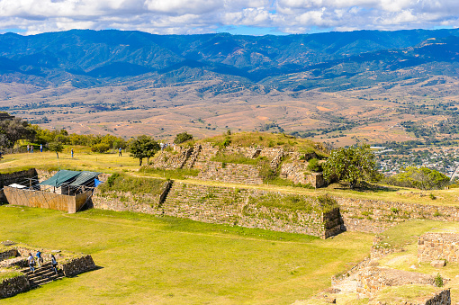 Panorama of Monte Alban, a large pre-Columbian archaeological site, Santa Cruz Xoxocotlan Municipality, Oaxaca State.  UNESCO World Heritage