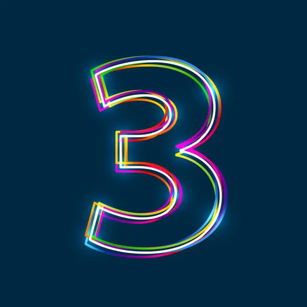 Vector illustration of Number 3 - Vector multicolored outline font with glowing effect isolated on blue background.