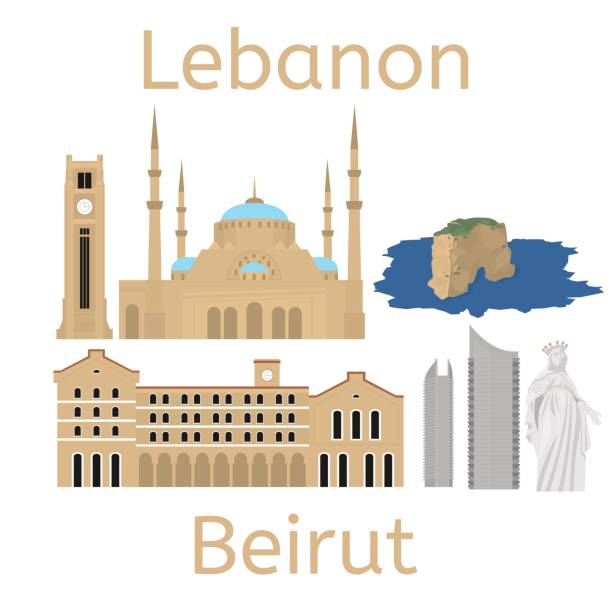 ilustraciones, imágenes clip art, dibujos animados e iconos de stock de silueta de horizonte de la ciudad de beirut. turismo plano libanés icono bandera, postal. concepto de viaje de líbano. paisaje urbano con la arquitectura de monumentos históricos. - lebanon