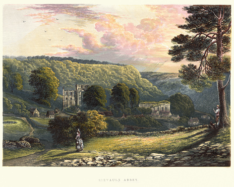 Vintage engraving of a View of Rievaulx Abbey, 19th Century.  Rievaulx Abbey is a former Cistercian abbey in Rievaulx, near Helmsley in , North Yorkshire, England.