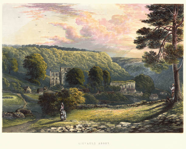 View of Rievaulx Abbey, 19th Century Vintage engraving of a View of Rievaulx Abbey, 19th Century.  Rievaulx Abbey is a former Cistercian abbey in Rievaulx, near Helmsley in , North Yorkshire, England. european architecture stock illustrations