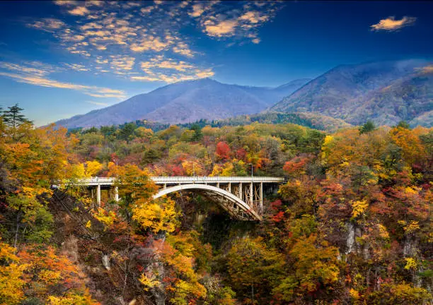 The autumn colors of Naruko Gorge in Japan and nice blue and cloud background