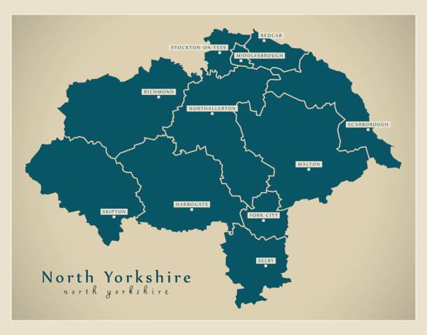 illustrazioni stock, clip art, cartoni animati e icone di tendenza di mappa moderna - contea del north yorkshire con città e distretti inghilterra illustrazione del regno unito - north yorkshire