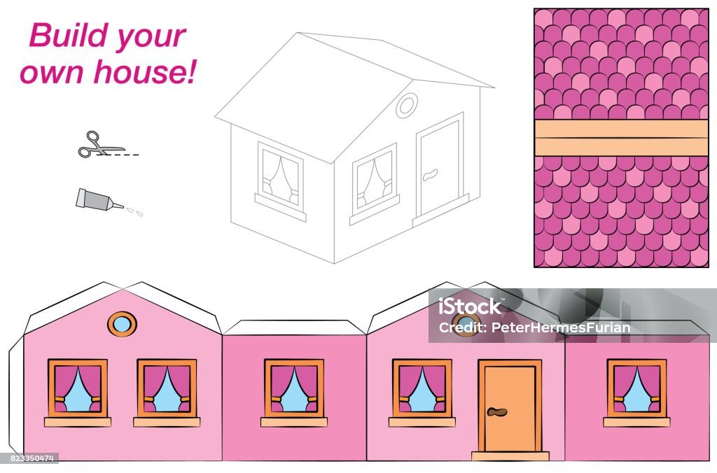 House template - sweet pink comic cottage - cut out, fold and glue it. Isolated vector illustration on white background. House stock vector