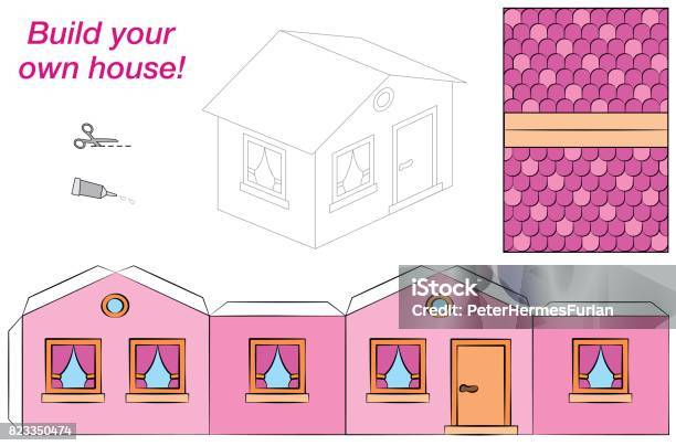 House Template Sweet Pink Comic Cottage Cut Out Fold And Glue It Isolated Vector Illustration On White Background Stock Illustration - Download Image Now