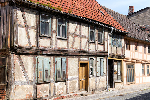 Old dilapidated unused half-timbered house in the old town of Tangermuende in Germany